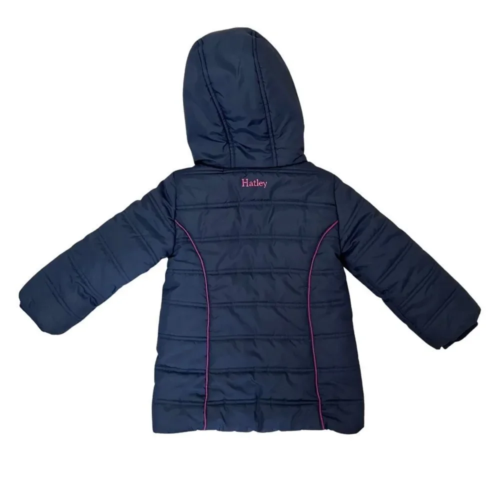 Hatley Navy Blue and Purple Floral Stars Fitted Puffer Rain Jacket Kids Size 3